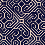 Detail of fabric in a geometric lattice print in navy on a cream field.