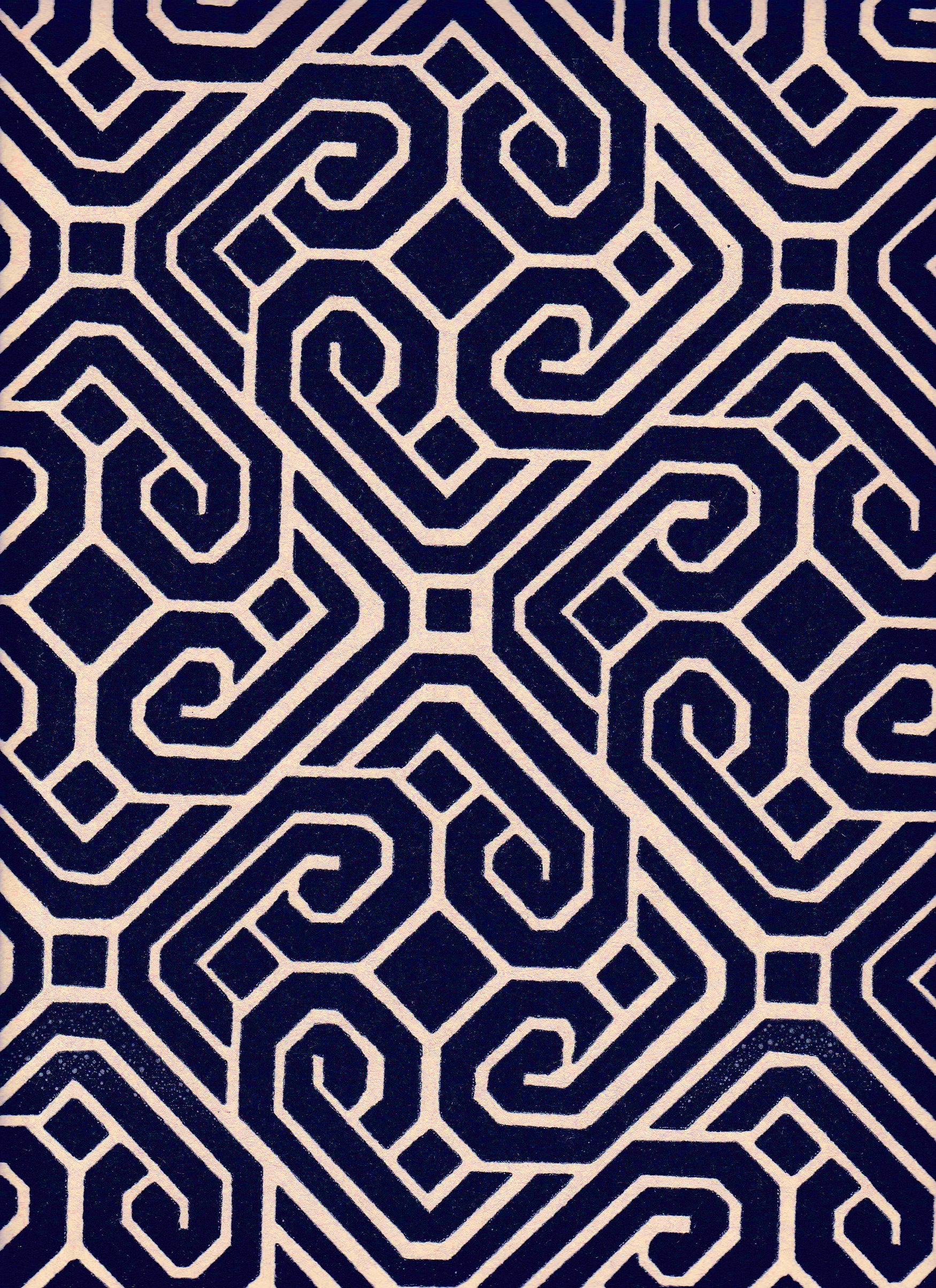 Detail of fabric in a geometric lattice print in navy on a cream field.