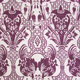 Detail of fabric in a damask vase print in purple on a cream field.