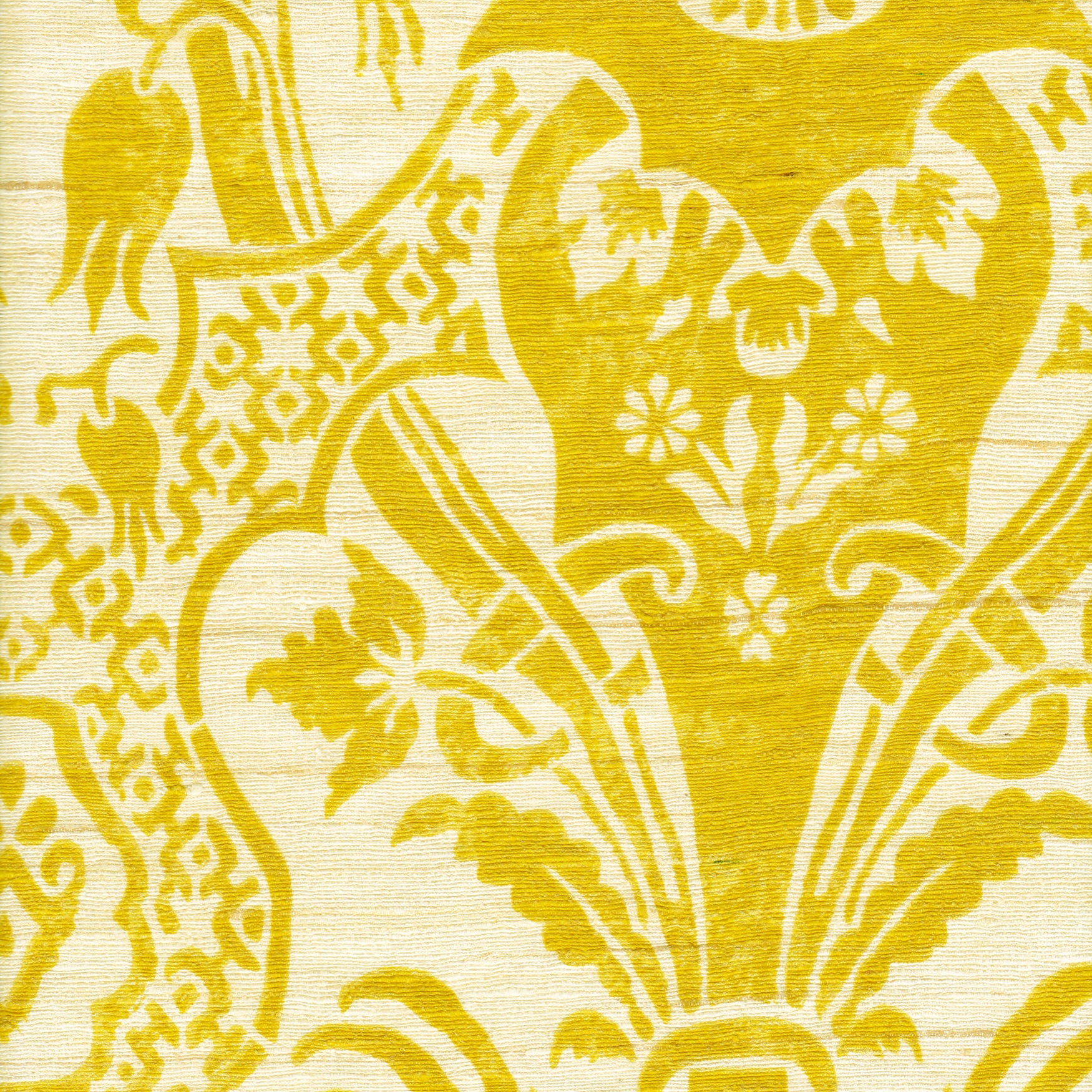 Detail of fabric in a damask vase print in yellow on a cream field.