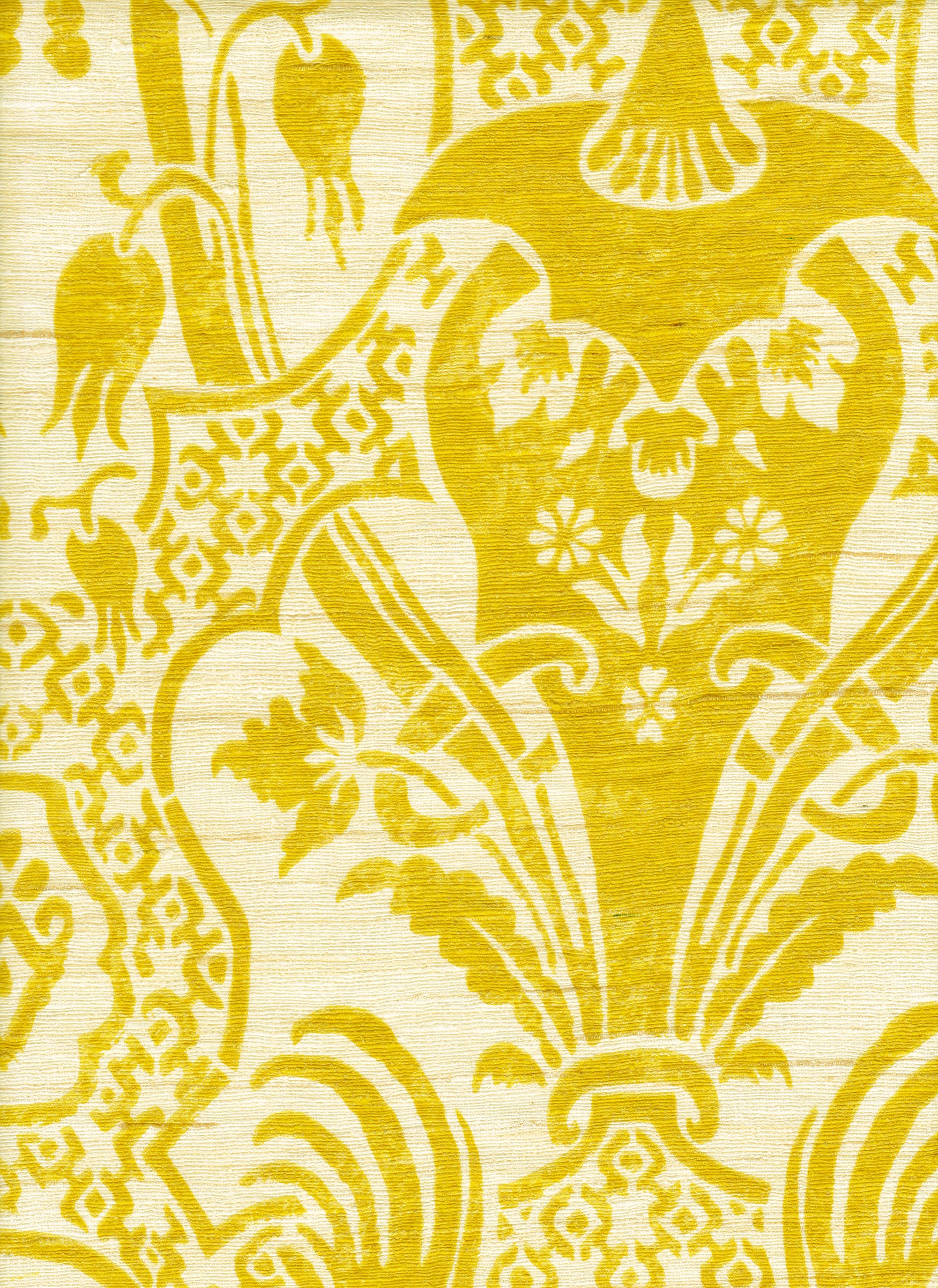 Detail of fabric in a damask vase print in yellow on a cream field.