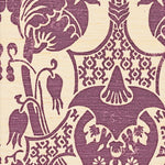 Detail of fabric in a damask vase print in purple on a cream field.