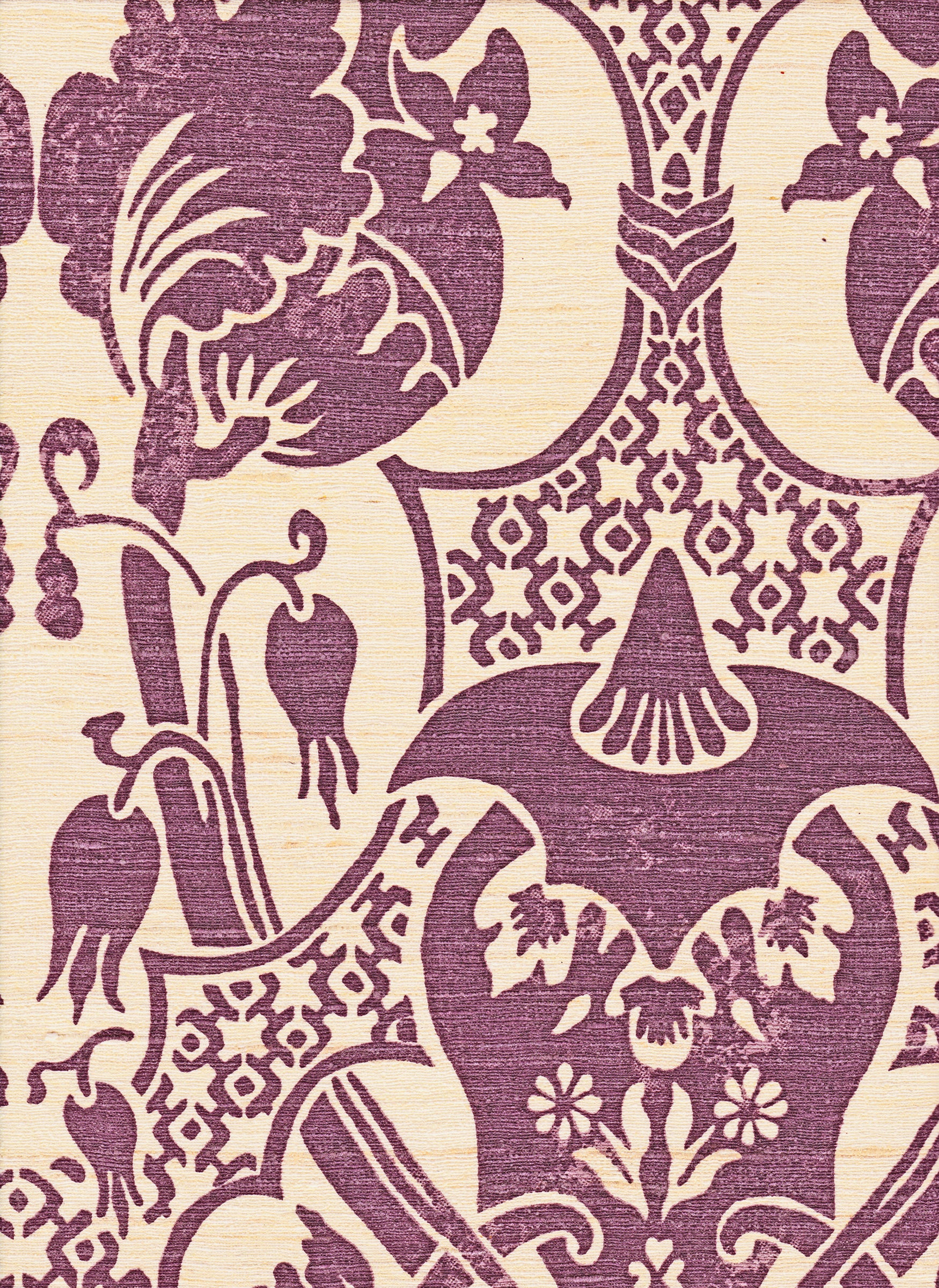 Detail of fabric in a damask vase print in purple on a cream field.