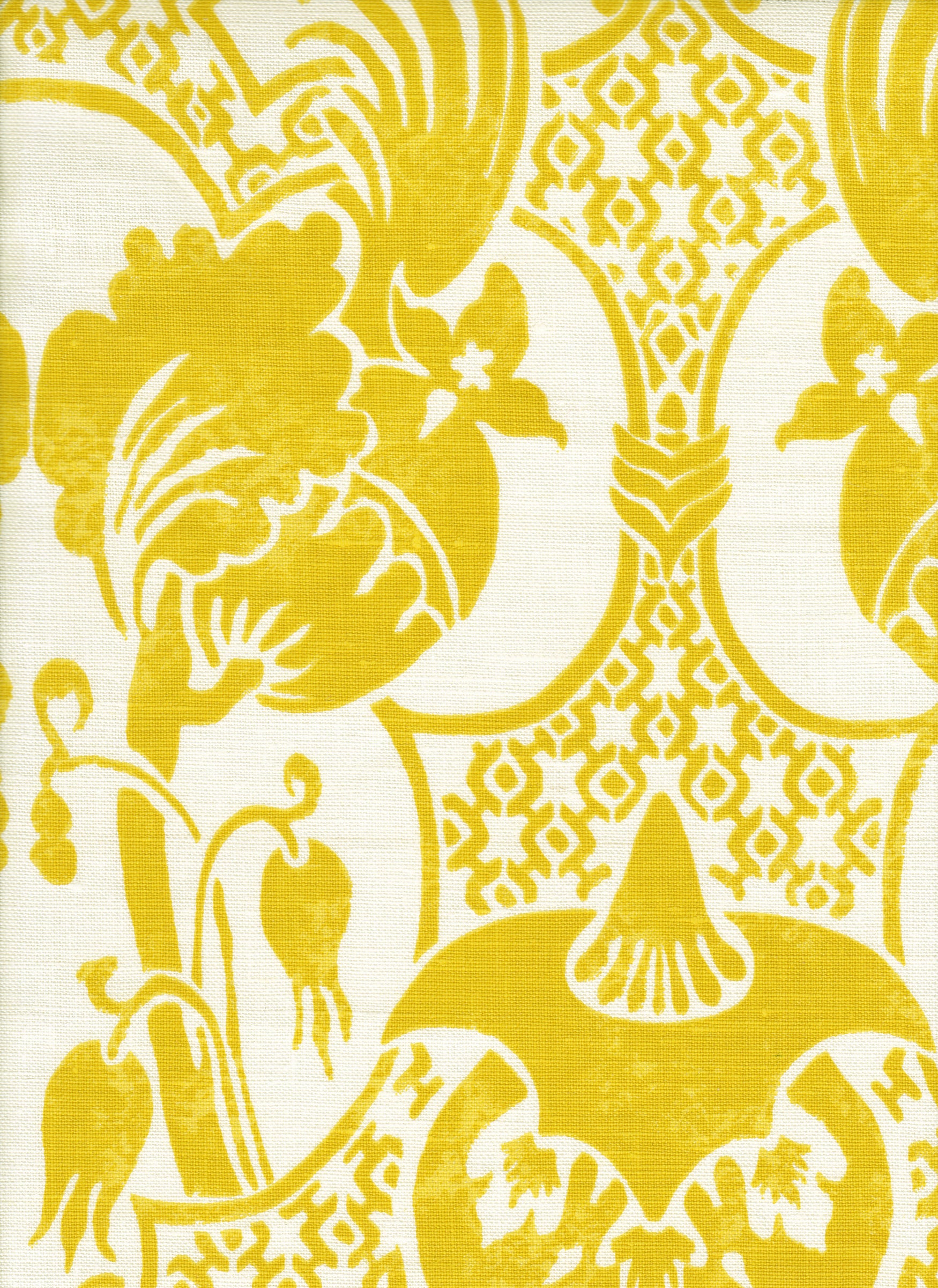 Detail of fabric in a damask vase print in yellow on a white field.