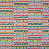 Detail of fabric in a playful geometric grid print in shades of pink, orange and green.