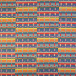 Detail of fabric in a playful geometric grid print in shades of purple, red, blue and orange.