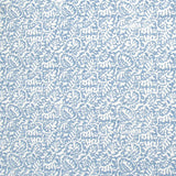 Detail of fabric in a dense paisley print in white on a light blue field.