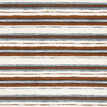 Printed fabric of slate blue and warm brown horizontal stripes on a white background