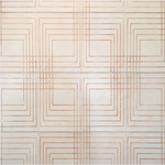 Detail of square leather tiles in an interlocking linear pattern in tan on a cream field.