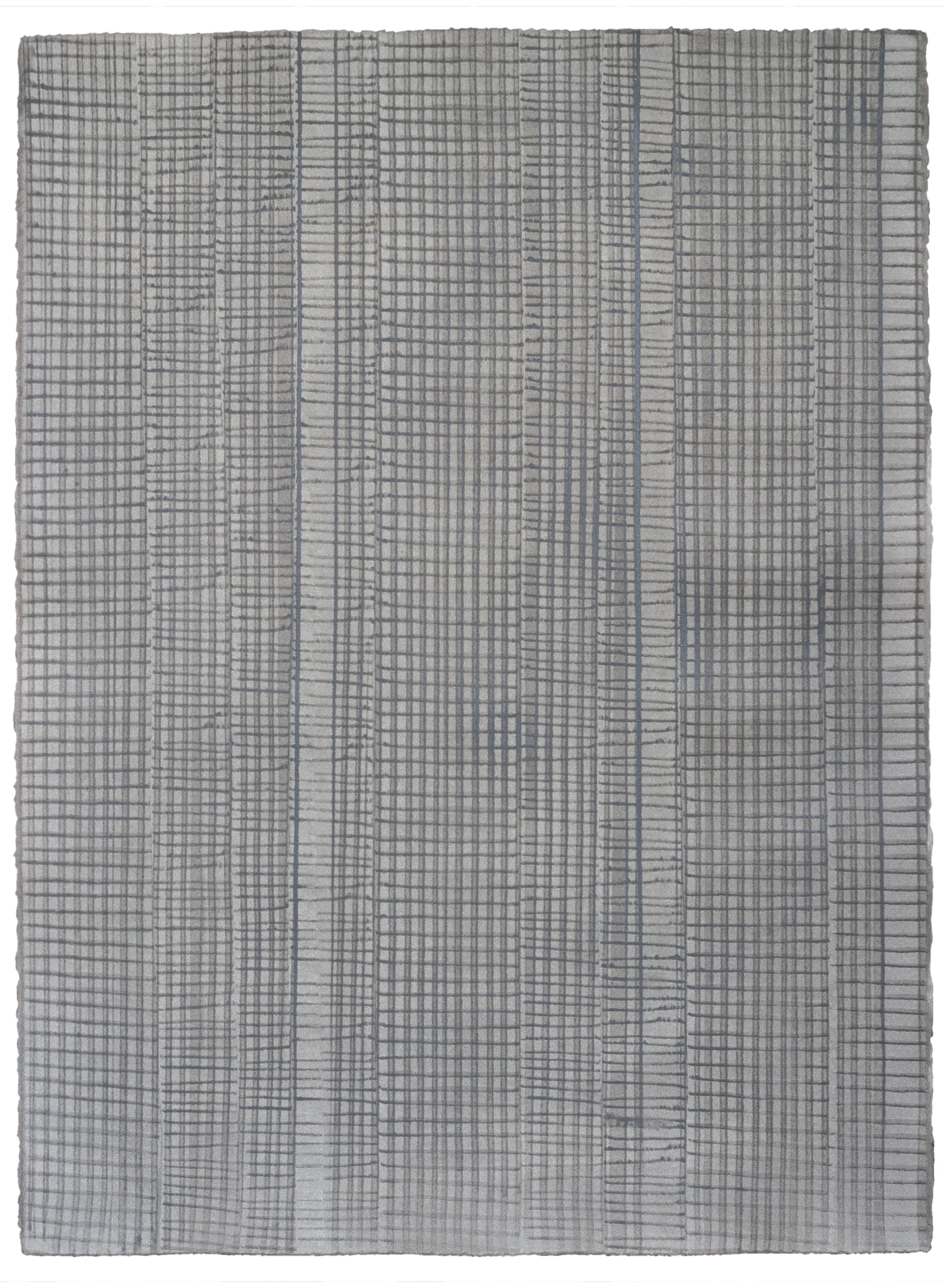 Sheet of hand-painted wallpaper with an irregular grid pattern in charcoal on a gray field.