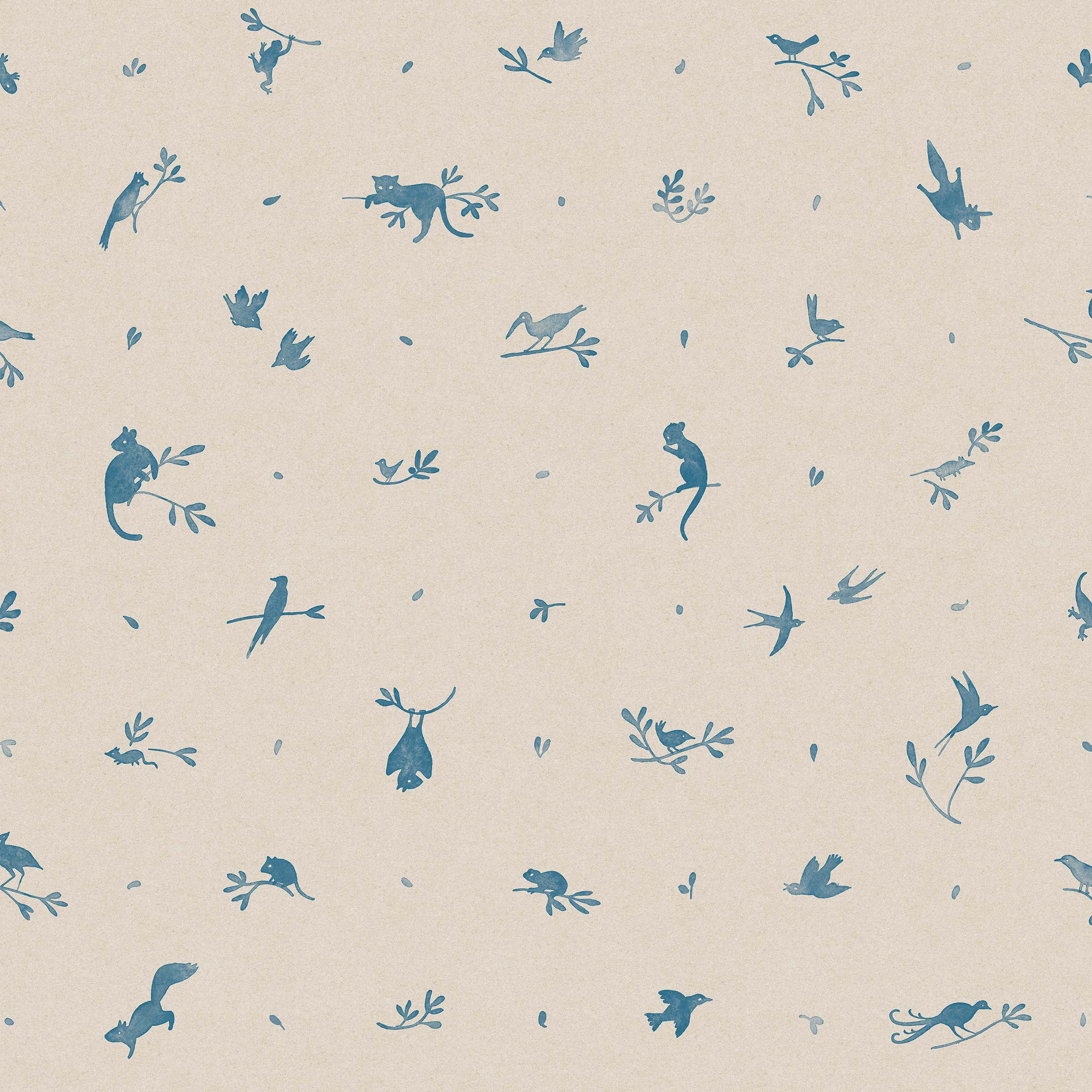 Detail of wallpaper in a playful animal and branch print in blue on a cream field.