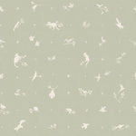 Detail of wallpaper in a playful animal and branch print in white on a sage field.