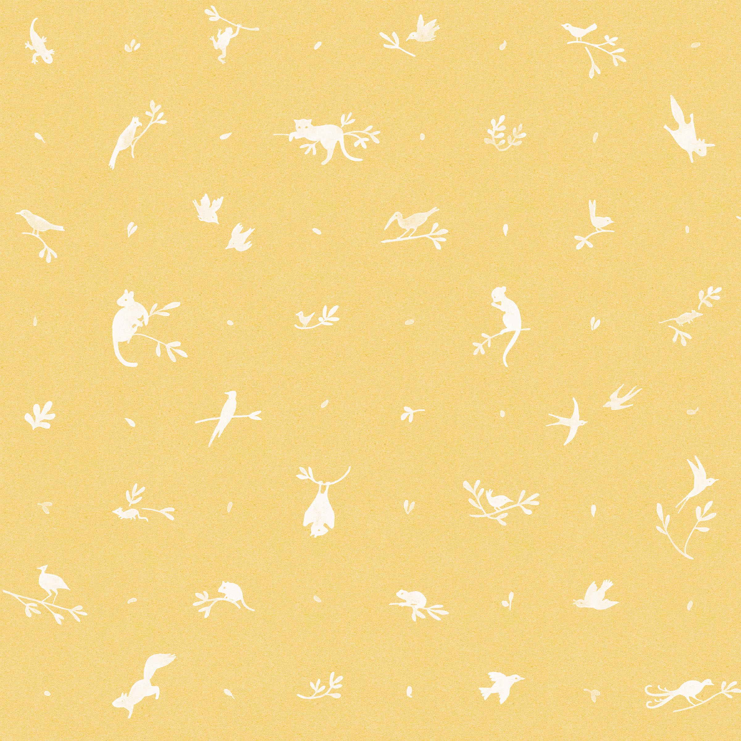 Detail of fabric in a playful animal and branch print in white on a yellow field.