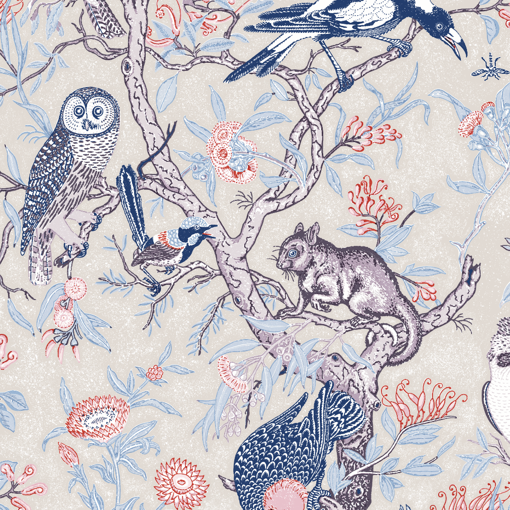 Detail of wallpaper in an animal and tree branch print in shades of blue, gray and red on a cream field.