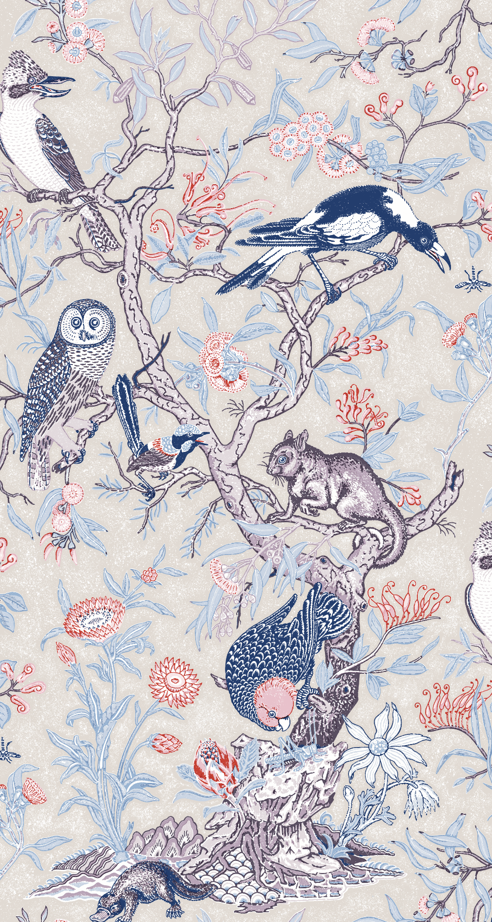 Detail of wallpaper in an animal and tree branch print in shades of blue, gray and red on a cream field.