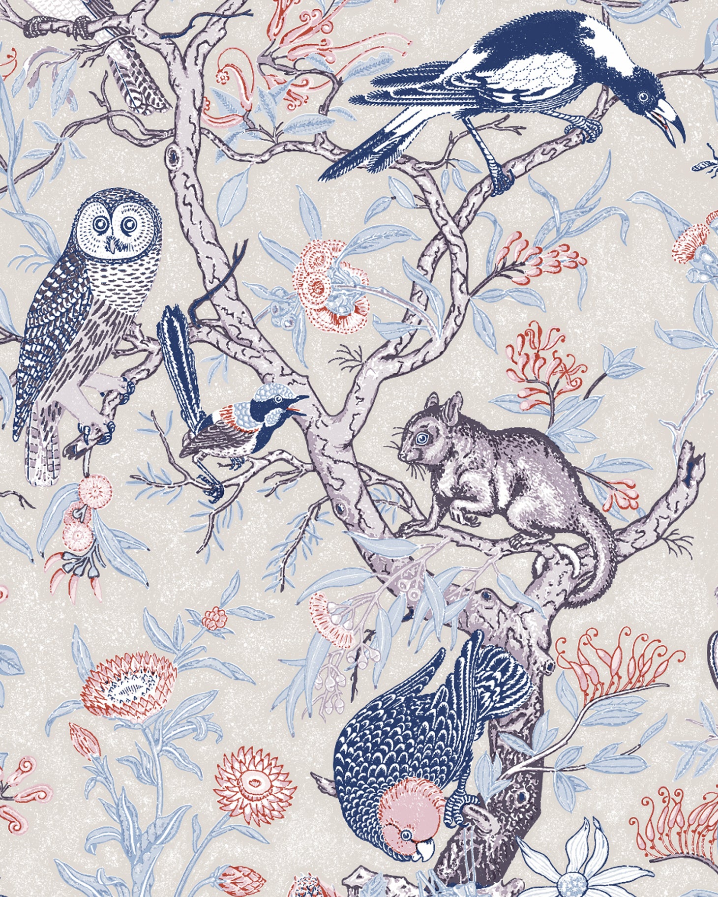 Detail of wallpaper in an animal and tree branch print in shades of blue, gray and red on a cream field.