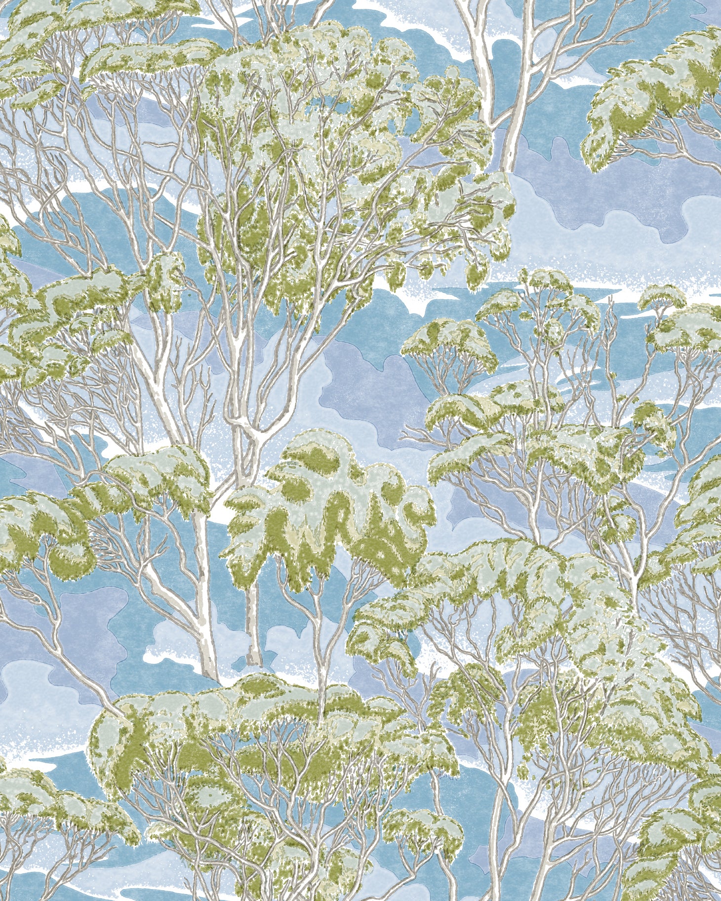 Detail of wallpaper in a painterly tree print in shades of cream and green on a light blue field.