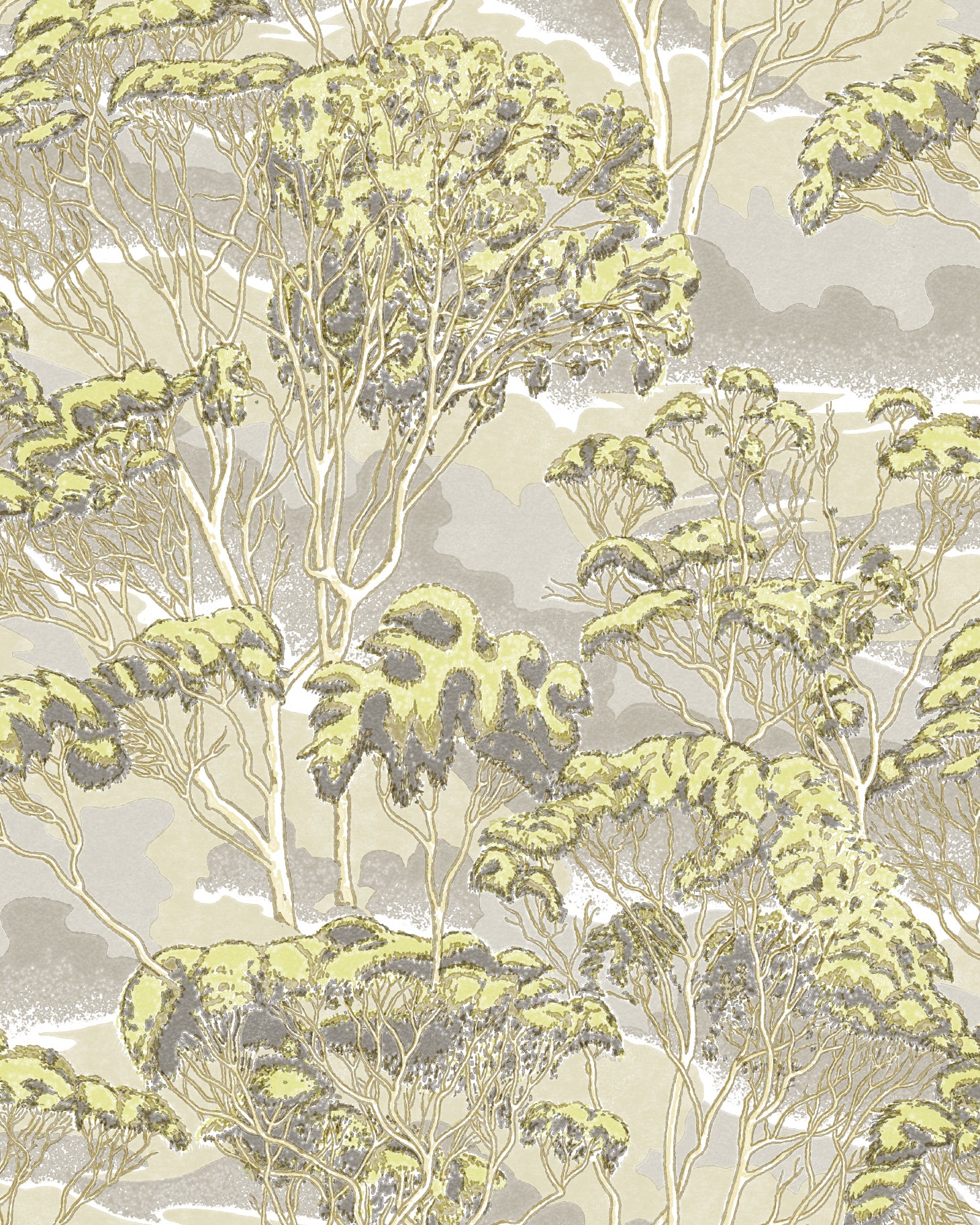 Detail of wallpaper in a painterly tree print in shades of gray and yellow on a cream field.