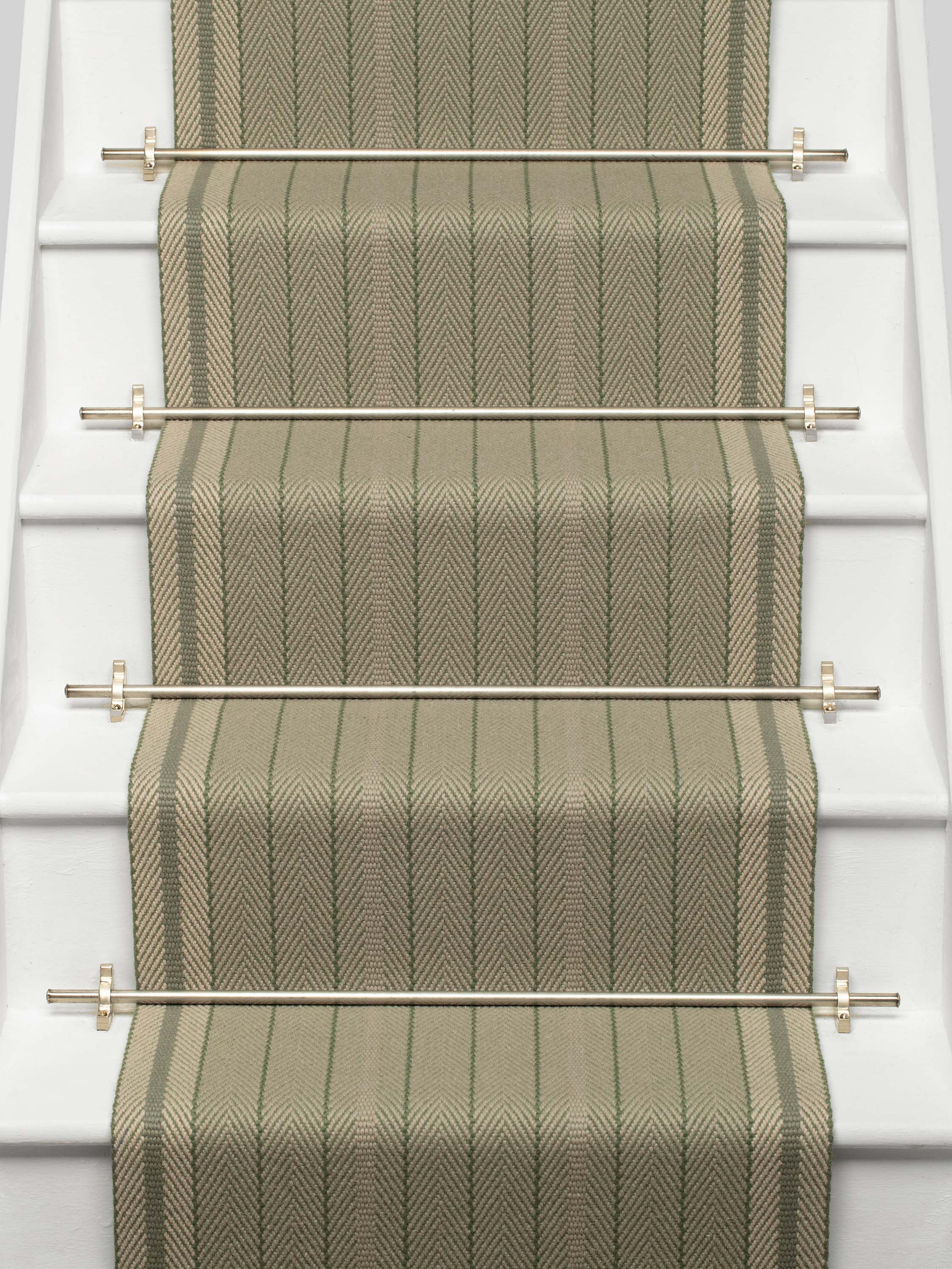 Striped flatweave runner in sage on white staircase 