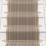 Striped flatweave runner in grey and tan on white staircase 