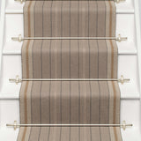 Striped flatweave runner in grey and tan on white staircase 