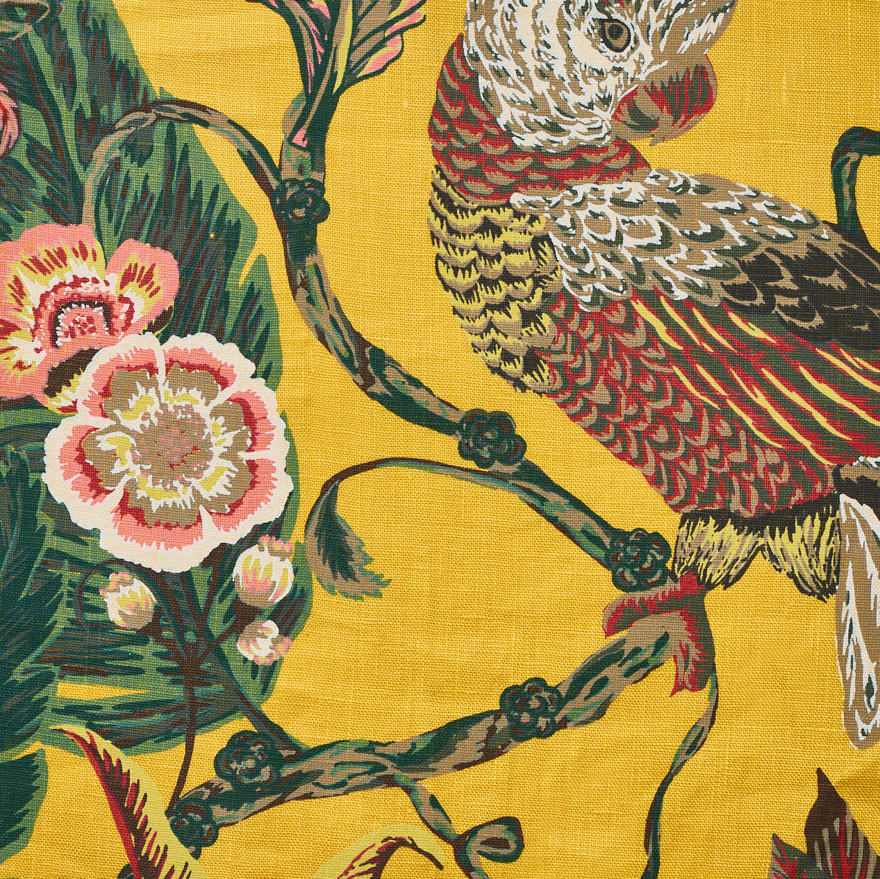 Detail of fabric in a large-scale botanical and bird print in shades of pink, red, green and brown on a yellow field.