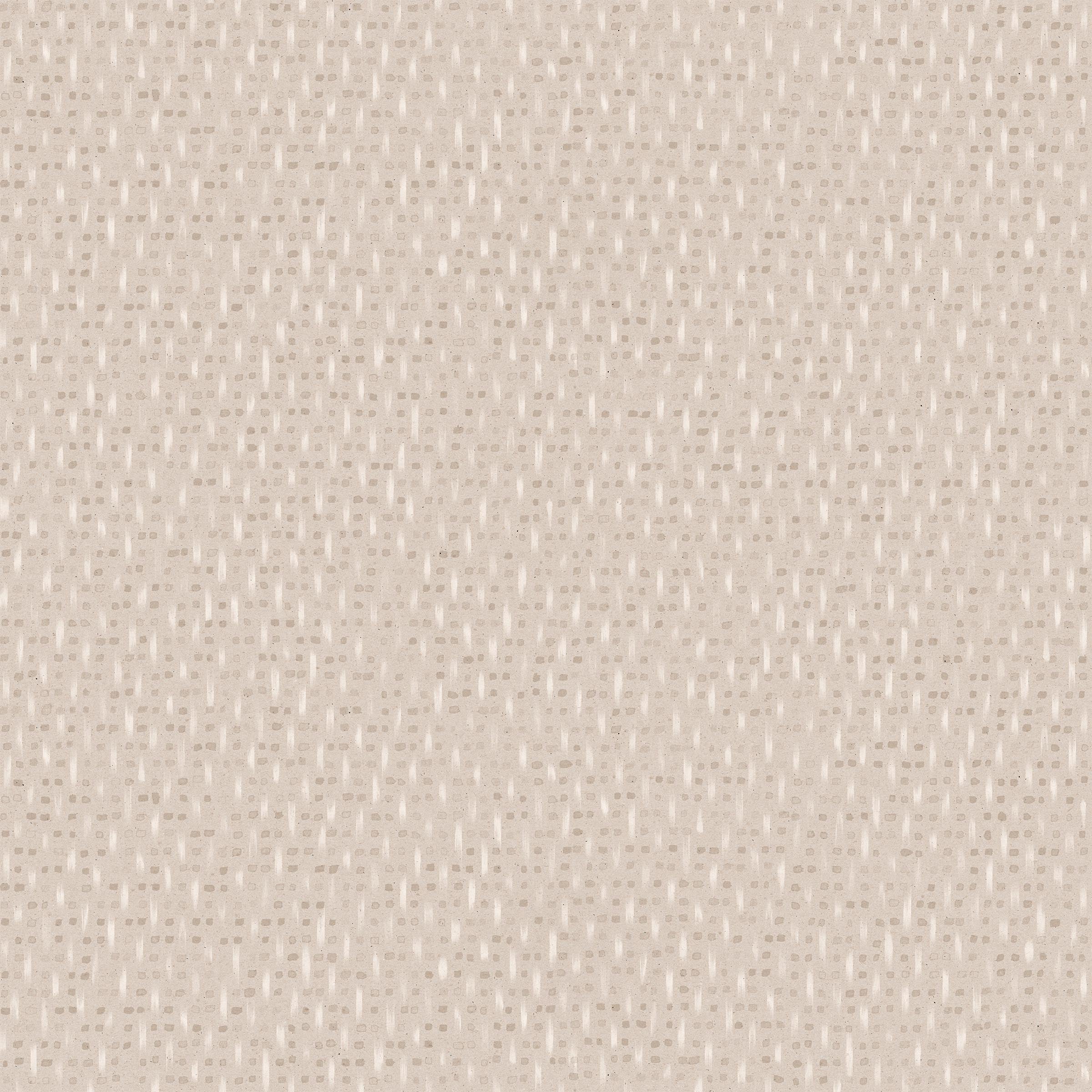 Detail of wallpaper in a small-scale dot and dash pattern in tan and white on a cream field.