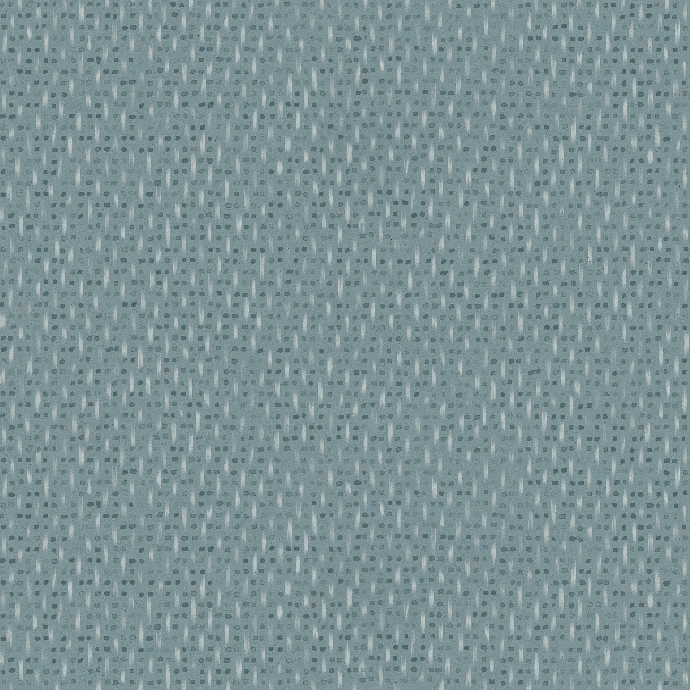 Detail of wallpaper in a small-scale dot and dash pattern in shades of blue on a blue-gray field.