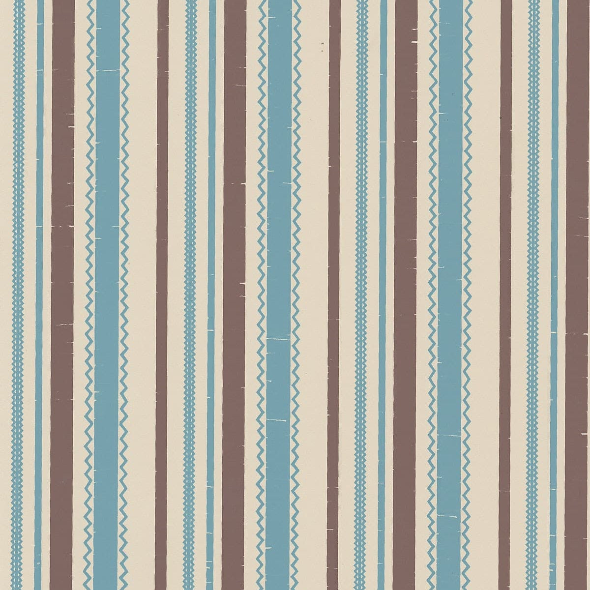 Detail of wallpaper in a playful ticking stripe print in shades of blue and brown on a tan field.