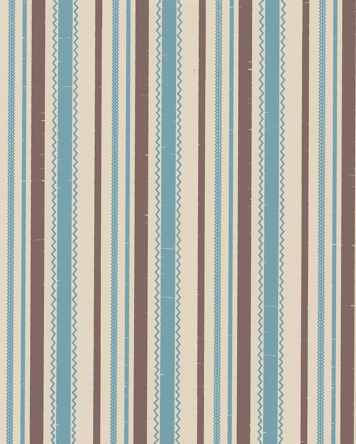 Detail of wallpaper in a playful ticking stripe print in shades of blue and brown on a tan field.