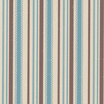 Detail of wallpaper in a playful ticking stripe print in shades of blue and brown on a tan field.