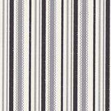 Detail of wallpaper in a playful ticking stripe print in shades of gray and charcoal on a cream field.