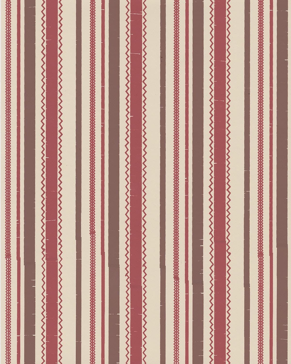 Detail of wallpaper in a playful ticking stripe print in shades of red and brown on a tan field.