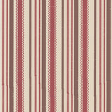 Detail of wallpaper in a playful ticking stripe print in shades of red and brown on a tan field.