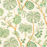 Detail of fabric in a floral paisley in shades of green and orange on a cream field.