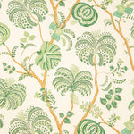 Detail of wallpaper in a floral paisley in shades of green and orange on a cream field.