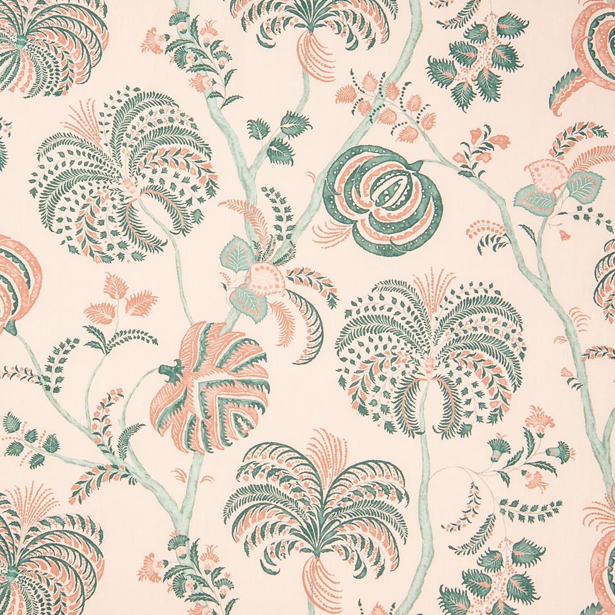 Detail of wallpaper in a floral paisley in shades of pink and green on a cream field.