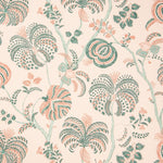 Detail of wallpaper in a floral paisley in shades of pink and green on a cream field.