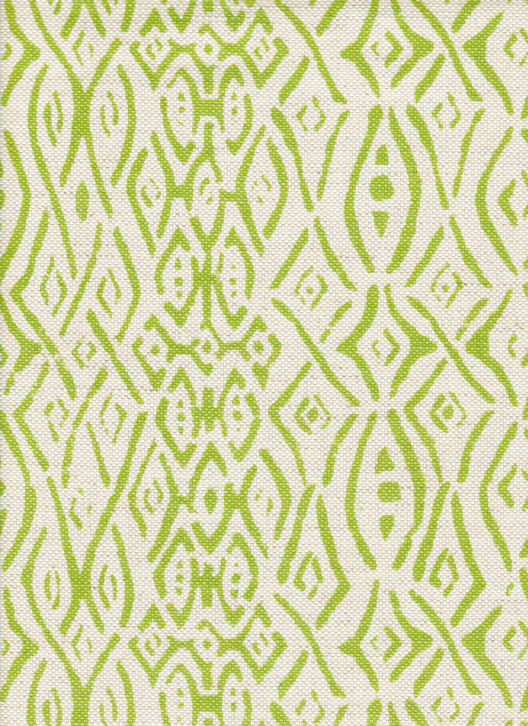 Detail of fabric in a painterly geometric grid in green on a cream field.