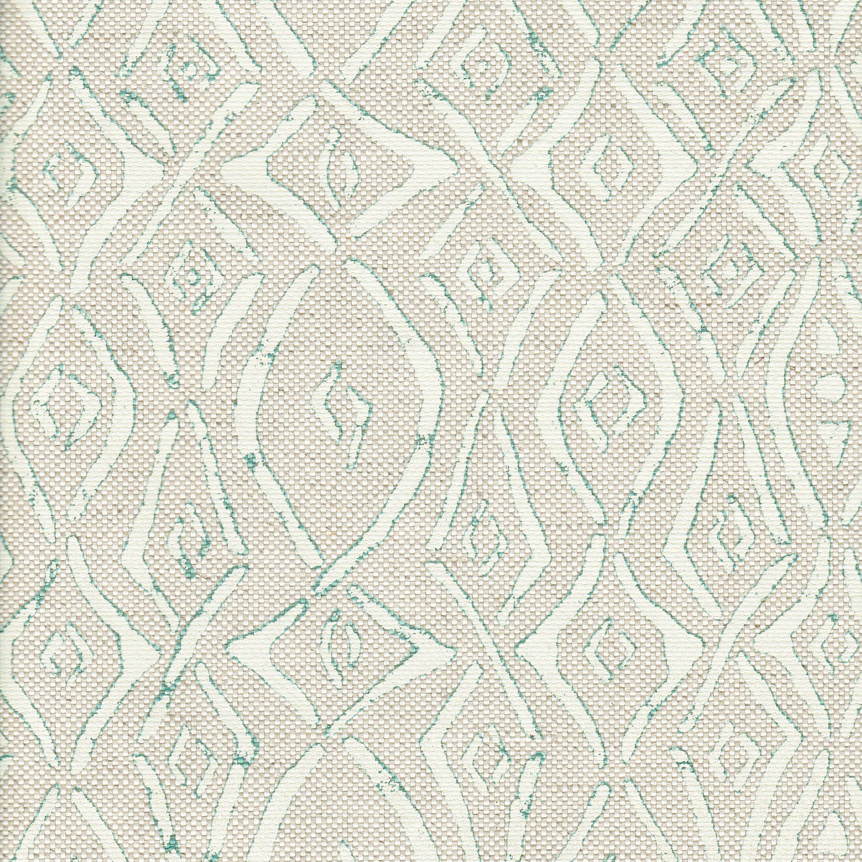 Detail of fabric in a painterly geometric grid in white with turquoise accents on a cream field.