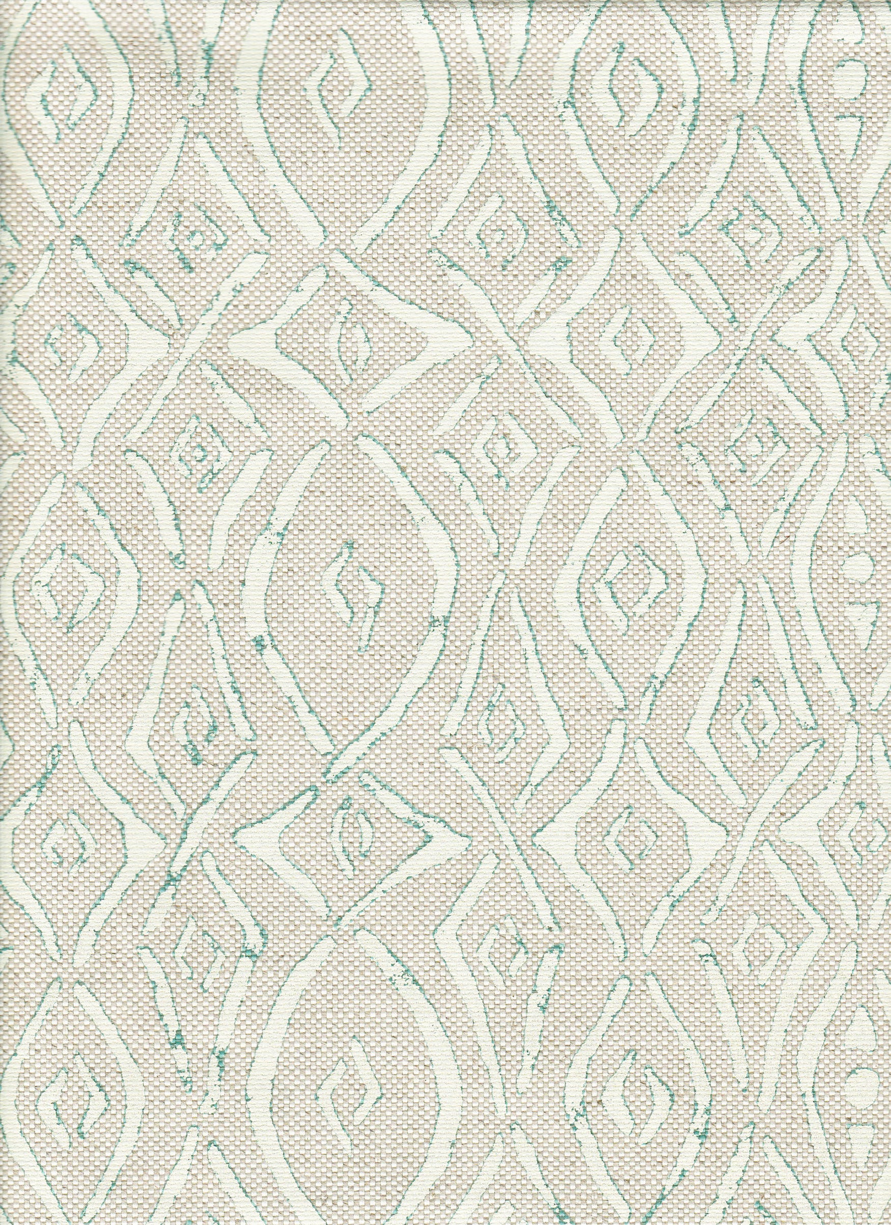 Detail of fabric in a painterly geometric grid in white with turquoise accents on a cream field.