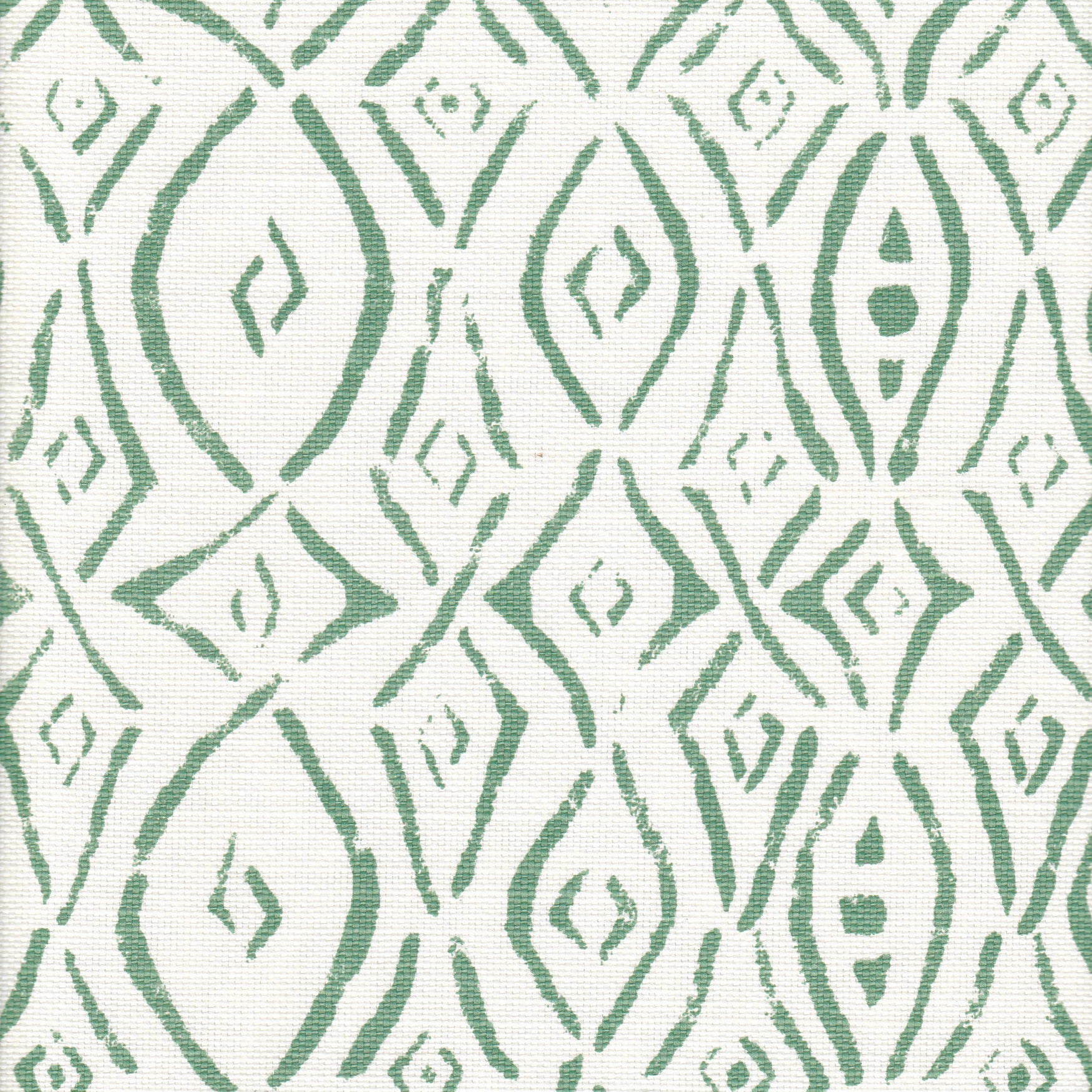 Detail of fabric in a painterly geometric grid in teal on a white field.