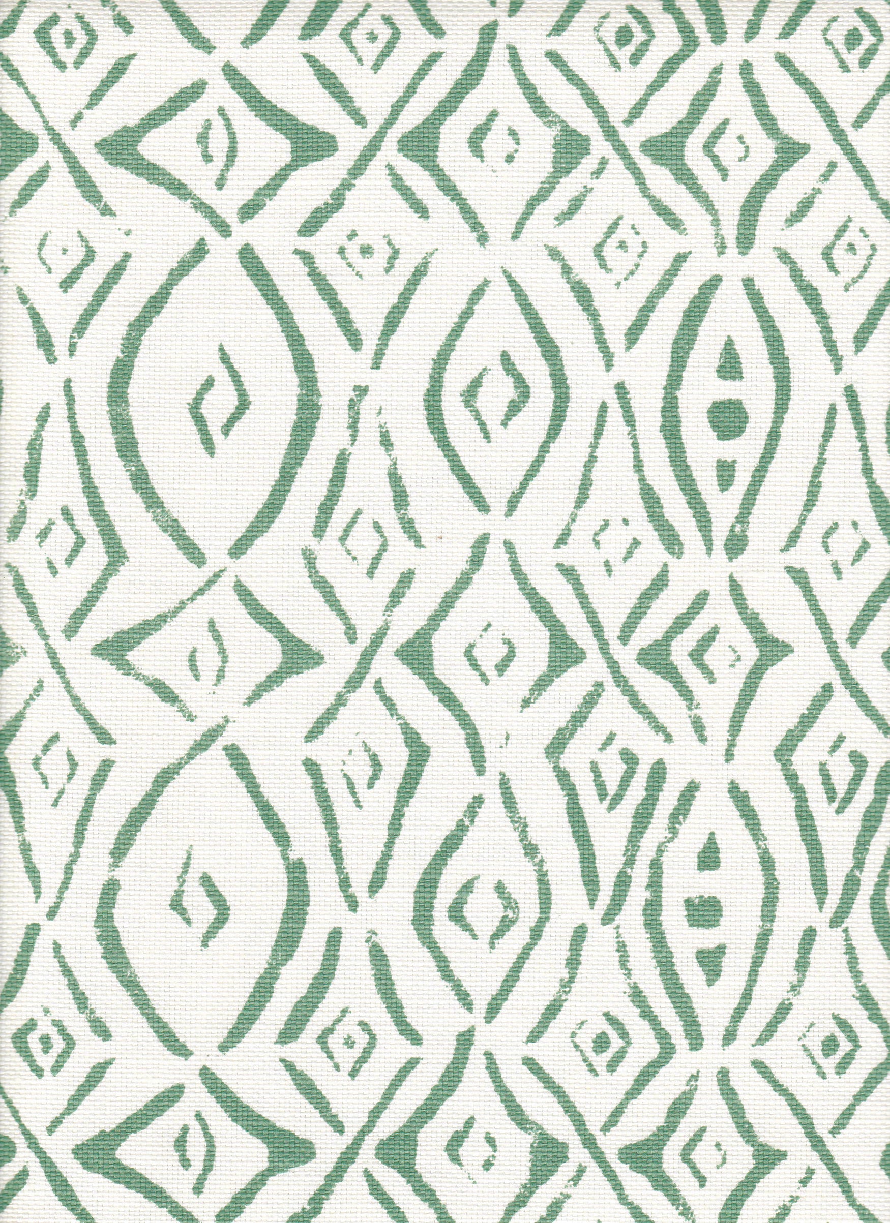 Detail of fabric in a painterly geometric grid in teal on a white field.