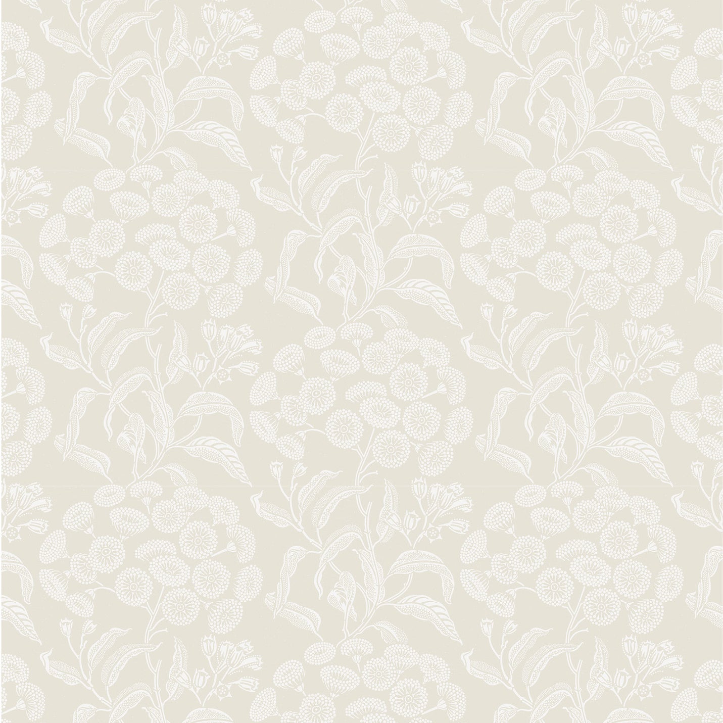 Wallpaper pattern with a detailed floral pattern in white on ecru.