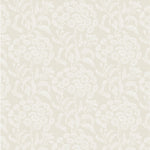 Wallpaper pattern with a detailed floral pattern in white on ecru.