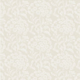 Wallpaper pattern with a detailed floral pattern in white on ecru.