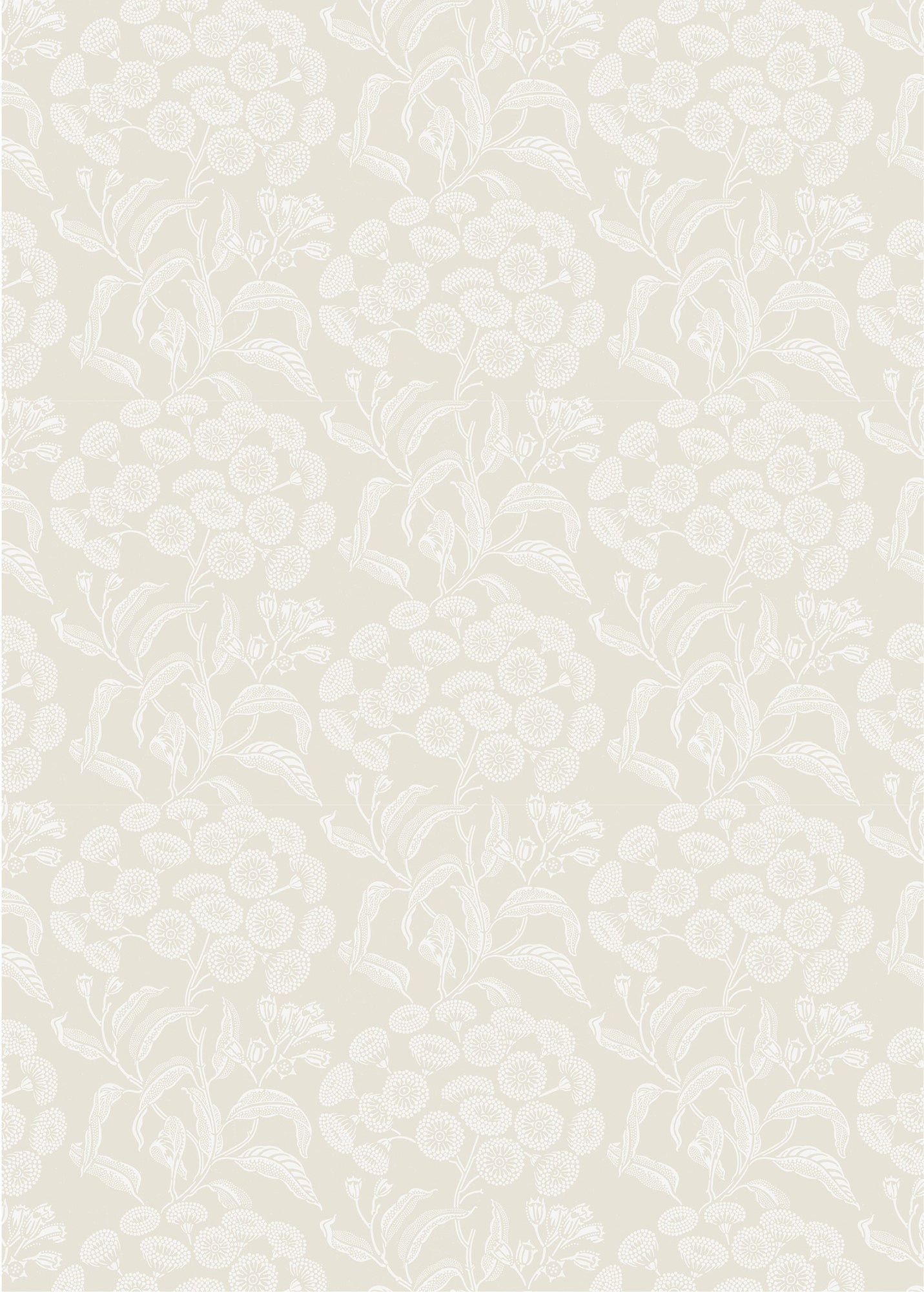 Wallpaper pattern with a detailed floral pattern in white on ecru.