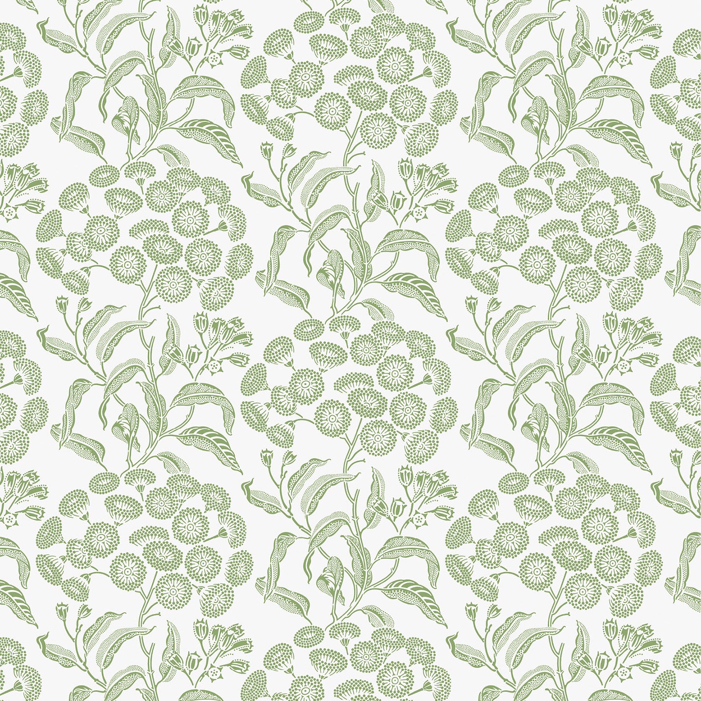 Wallpaper pattern with a detailed floral pattern in green on white. 