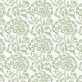 Wallpaper pattern with a detailed floral pattern in green on white. 