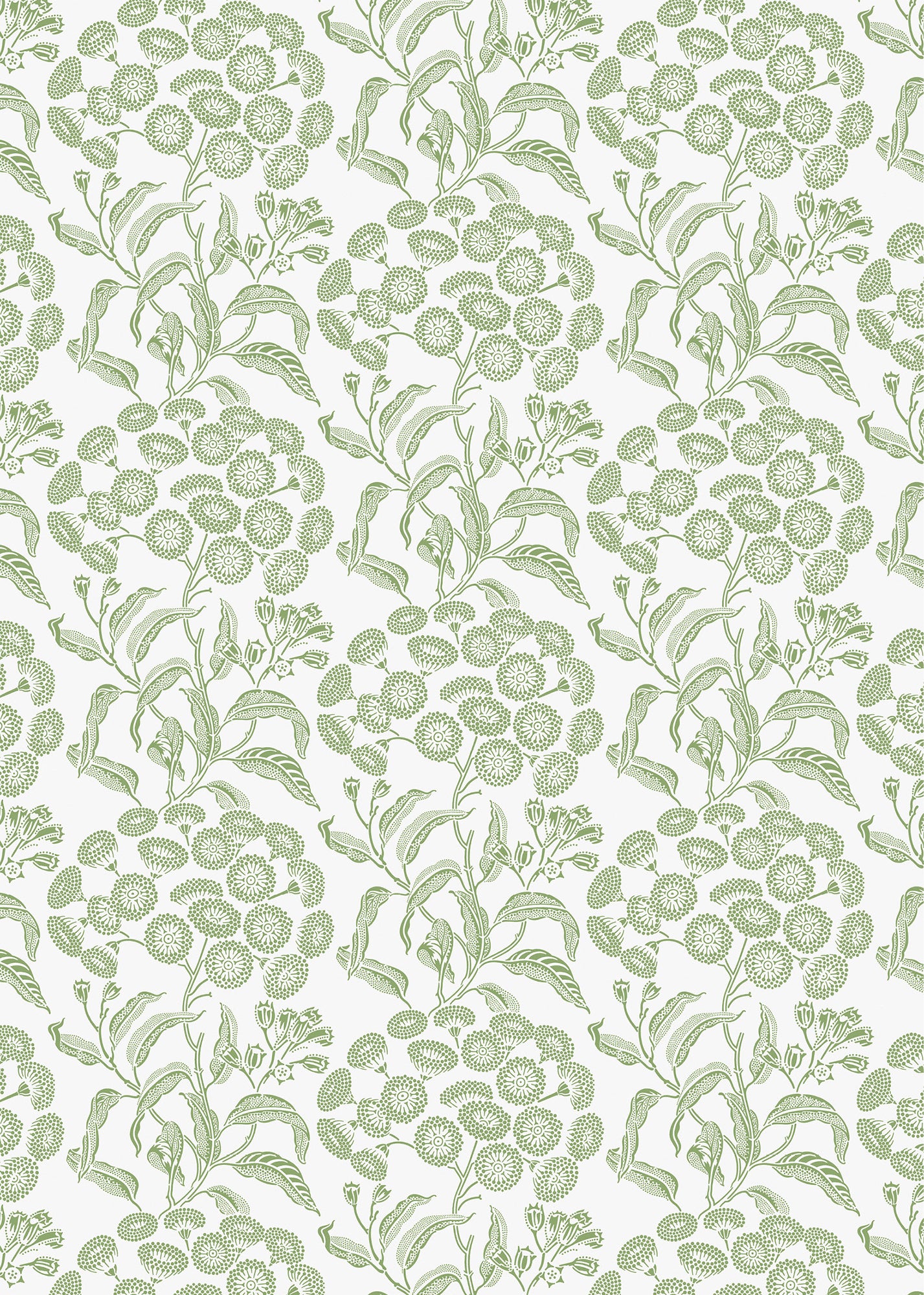 Wallpaper pattern with a detailed floral pattern in green on white. 